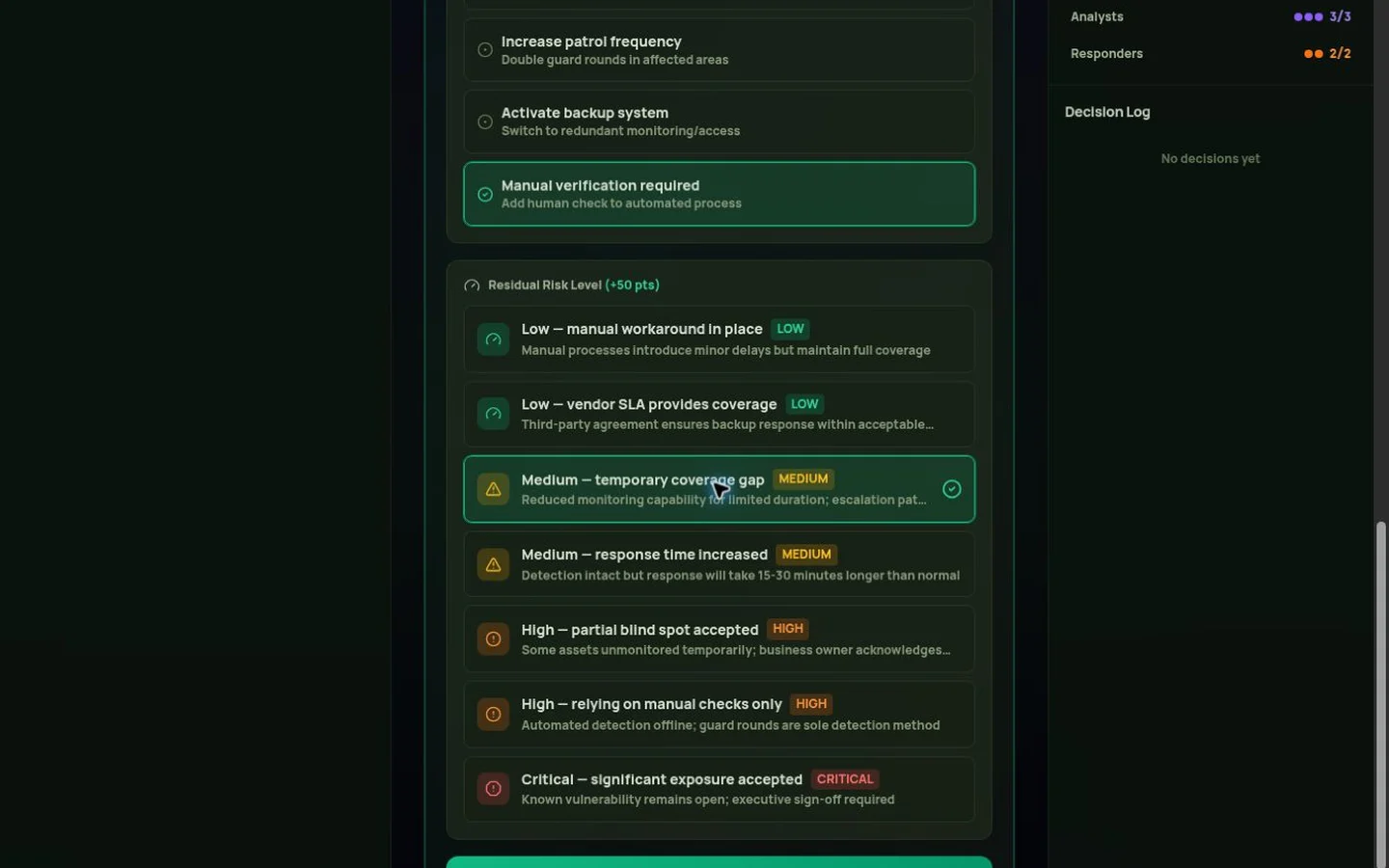 Actual Hourglass training session and decision controls